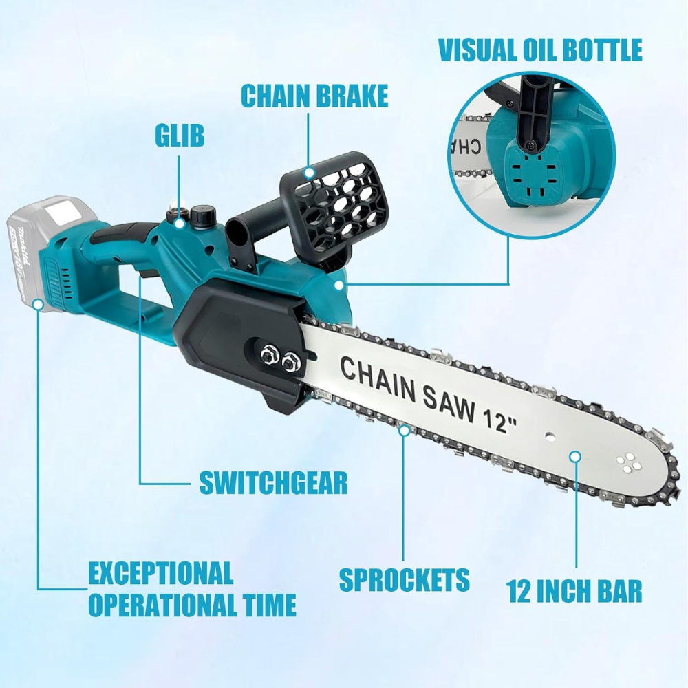 Cordless Chainsaw 12" – Brushless Motor, 2 x 5500mAh Batteries