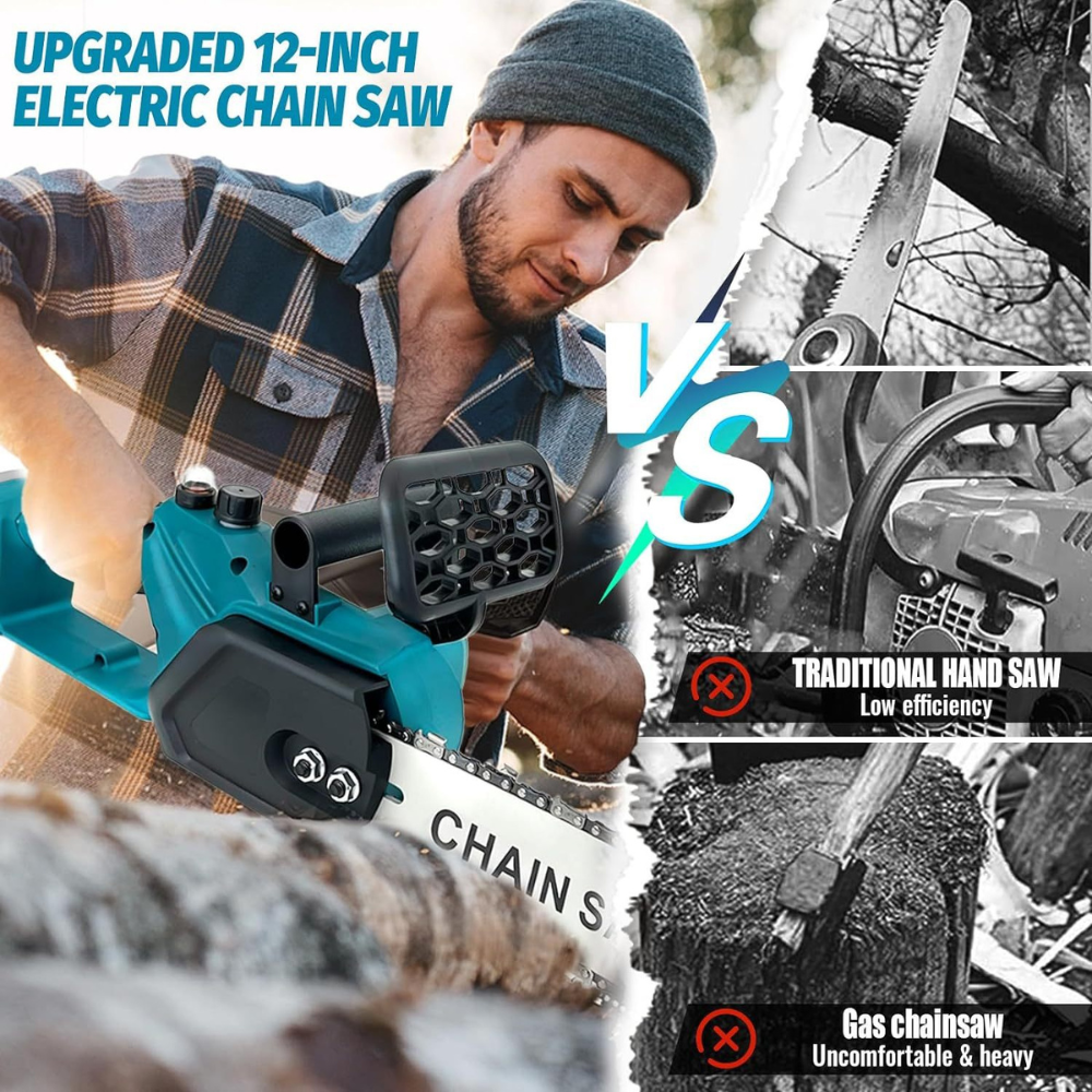 Cordless Chainsaw 12" – Brushless Motor, 2 x 5500mAh Batteries