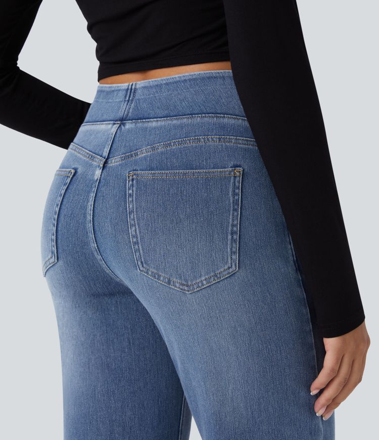 High Waisted Multiple Pockets Straight Leg Washed Stretchy Knit Casual Jeans