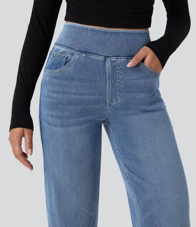 High Waisted Multiple Pockets Straight Leg Washed Stretchy Knit Casual Jeans