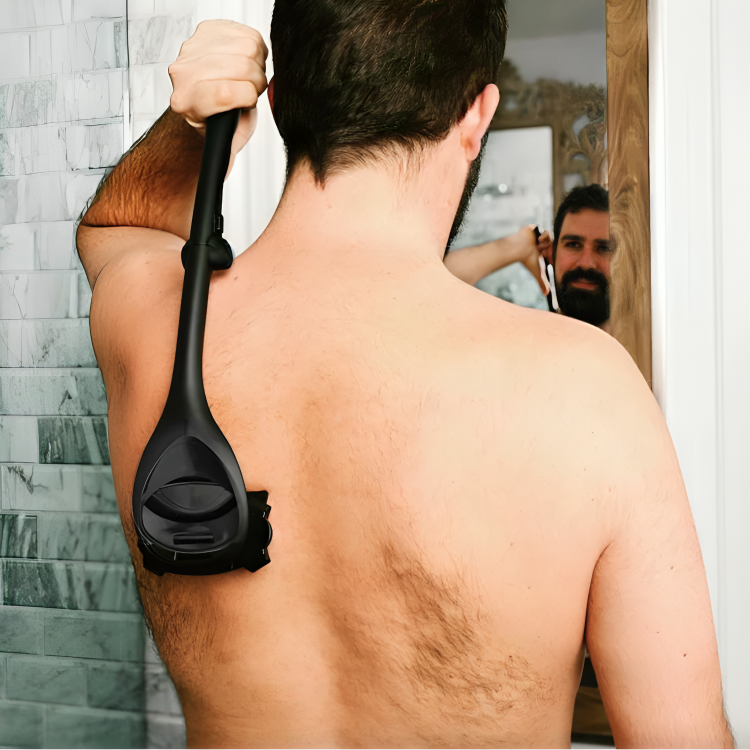 back shaver, body shaver, razor for back hair, men's body shaver, long handle shaver, painless back hair removal, dual blade shaver, men's grooming tool, back hair trimmer, back shaver tool, body grooming razor, ergonomic long handle men's razor, painless grooming solution, effective back shaving razor, durable back grooming tool, comfortable grip men's body shaver, dual blades back hair removal