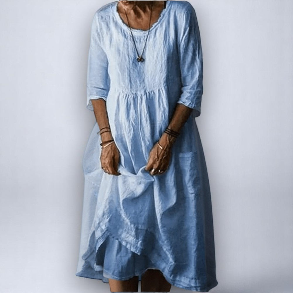 Discover the ultimate in comfort and style with our Midi Dress, perfect for any occasion. The relaxed fit dress design ensures a flattering silhouette, enhanced by the breathable linen cotton dress materials. The tiered hem dress feature adds a trendy, playful touch, complemented by the elegant scoop neck dress. Ideal as a summer dress or a boho summer dress, this women's midi dress is a must-have for summer dresses for women, including sundresses or casual midi dress options.