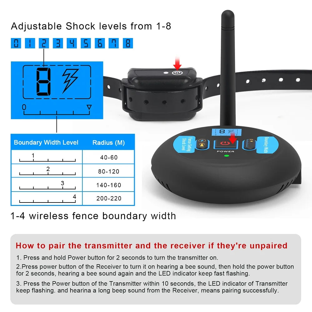 Rechargeable Wireless Electric Dog Fence with 200m Range, Waterproof Beep and Shock Training Modes, Transmitter and Collar Combo