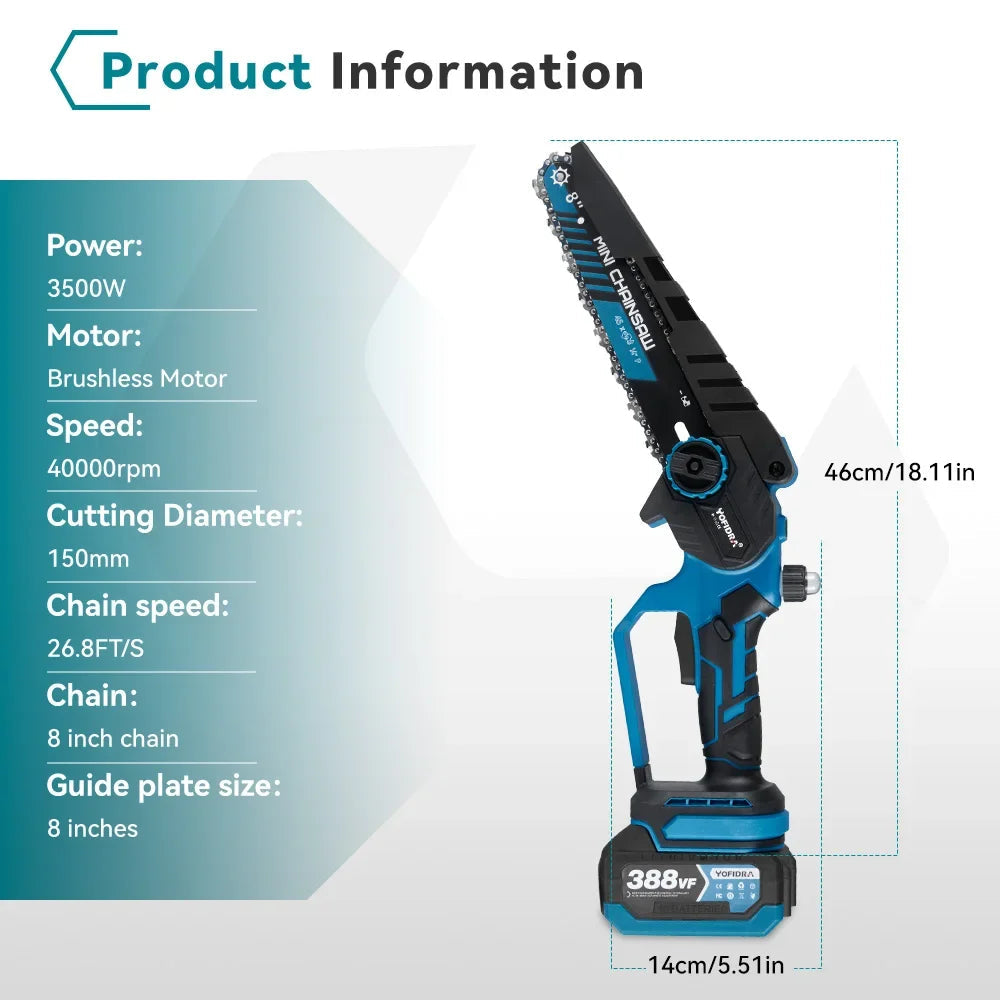 Cordless Mini Chainsaw 8" – Brushless Motor, Compatible with Makita 18V