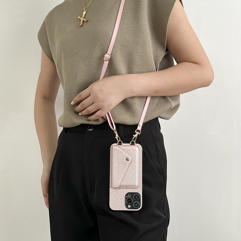 High-Quality Crossbody Wallet Leather iPhone Case with Card Holder and Wallet Function