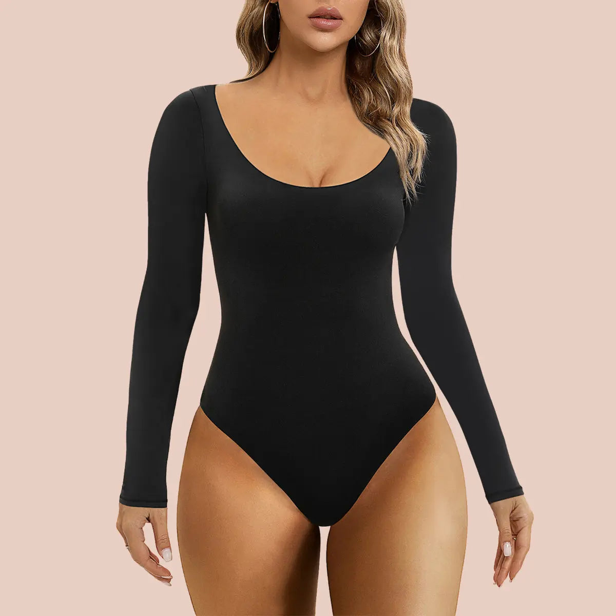 Long Sleeve Bodysuit Tops Scoop Neck Thong Body Suits