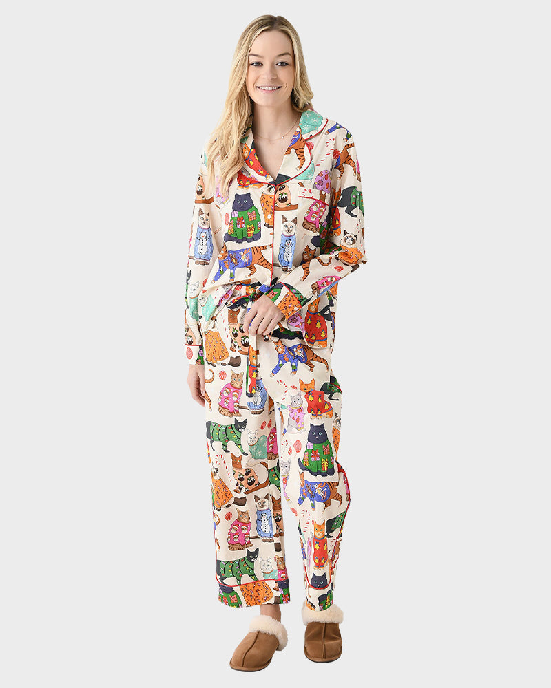 cat print pajamas, satin pajama set, christmas cat pajamas, festive pajamas, satin sleepwear, holiday pajama set, long sleeve pajamas, cozy pajama set, cat lover pajamas, christmas pajamas, pajamas for women, pajama sets, womens christmas pajamas, holiday pajamas, luxury pajamas, plus size pajamas
