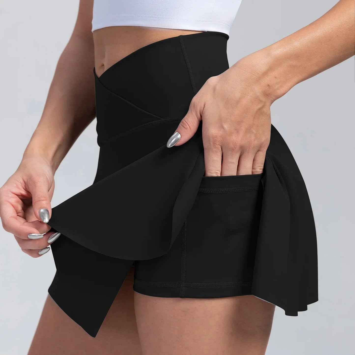 High Waist Overlap Tennis Skirt Shorts - 2-in-1 Outdoor Activewear with Pocket for Women