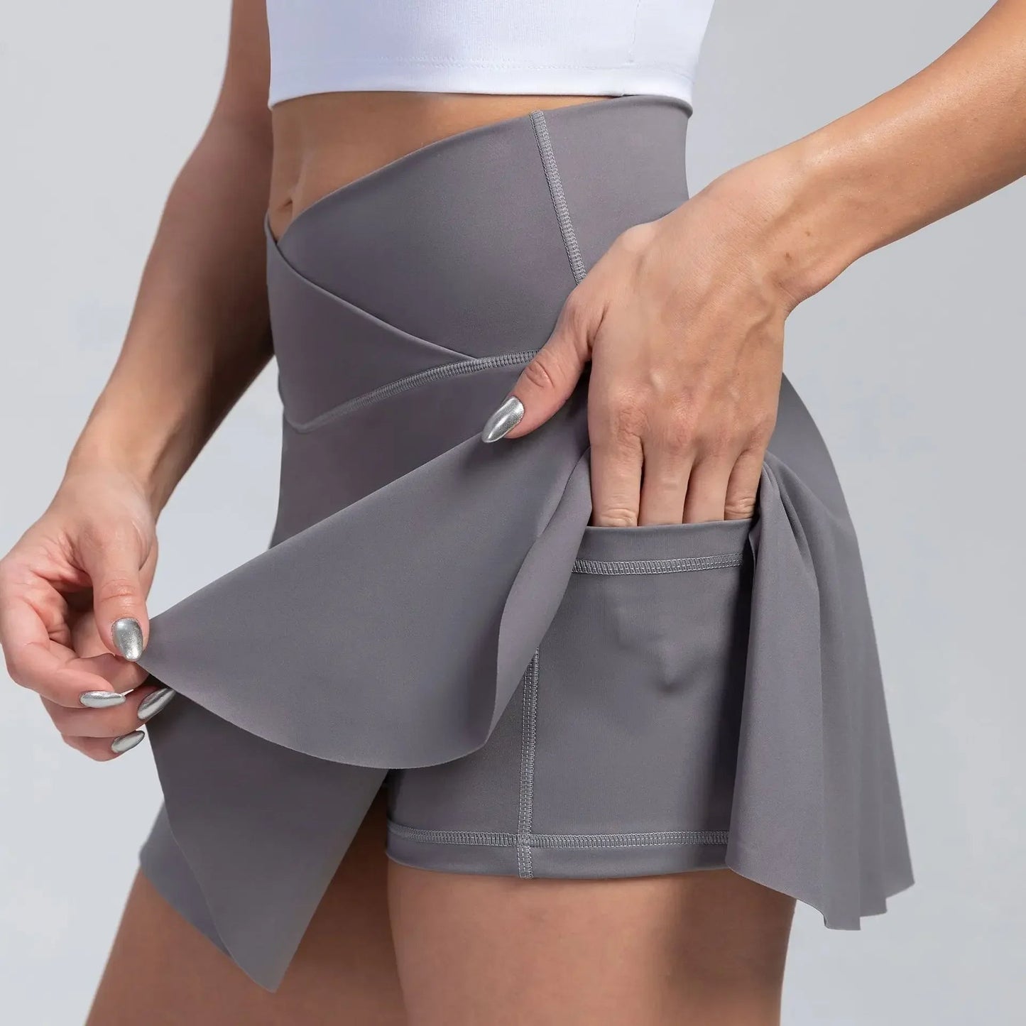 High Waist Overlap Tennis Skirt Shorts - 2-in-1 Outdoor Activewear with Pocket for Women