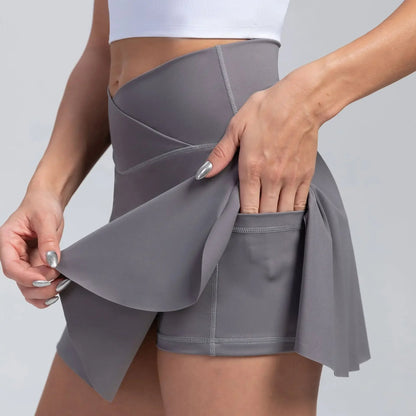 High Waist Overlap Tennis Skirt Shorts - 2-in-1 Outdoor Activewear with Pocket for Women