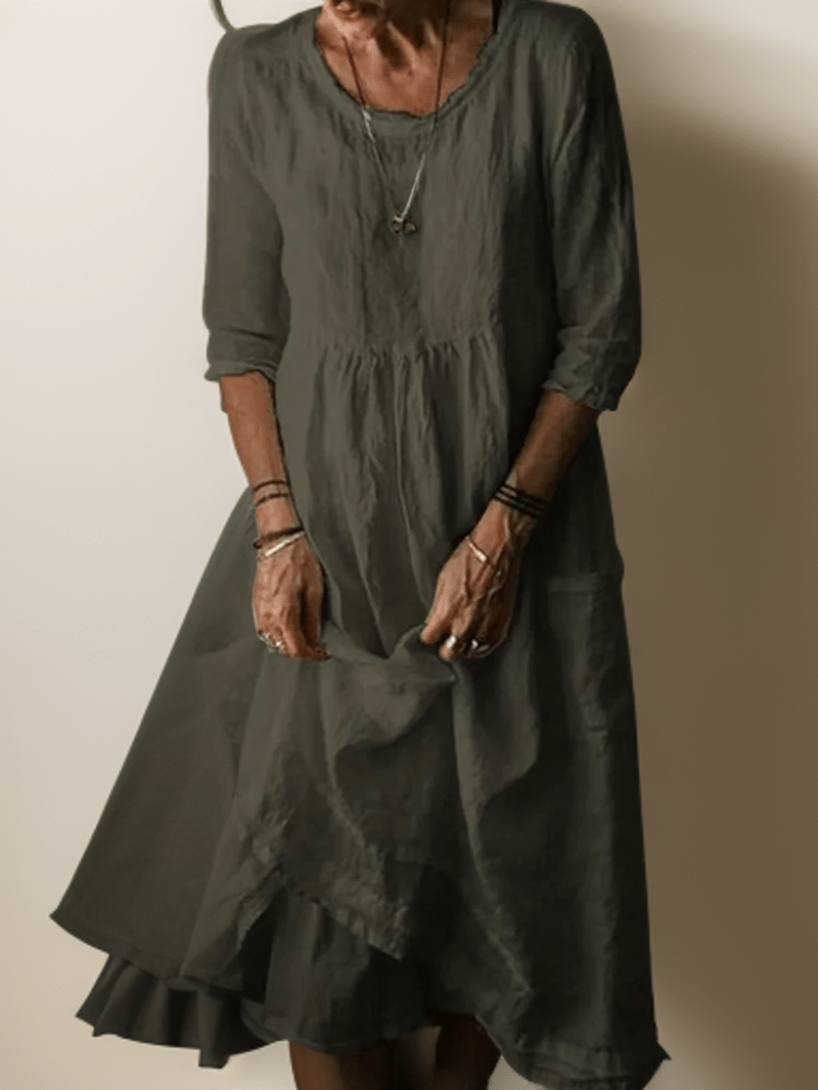 Relaxed Linen-Blend Midi Dress | Layered Hem with 3/4 Sleeves and Soft Drape