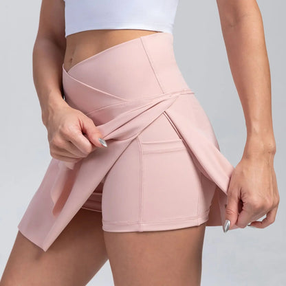 High Waist Overlap Tennis Skirt Shorts - 2-in-1 Outdoor Activewear with Pocket for Women