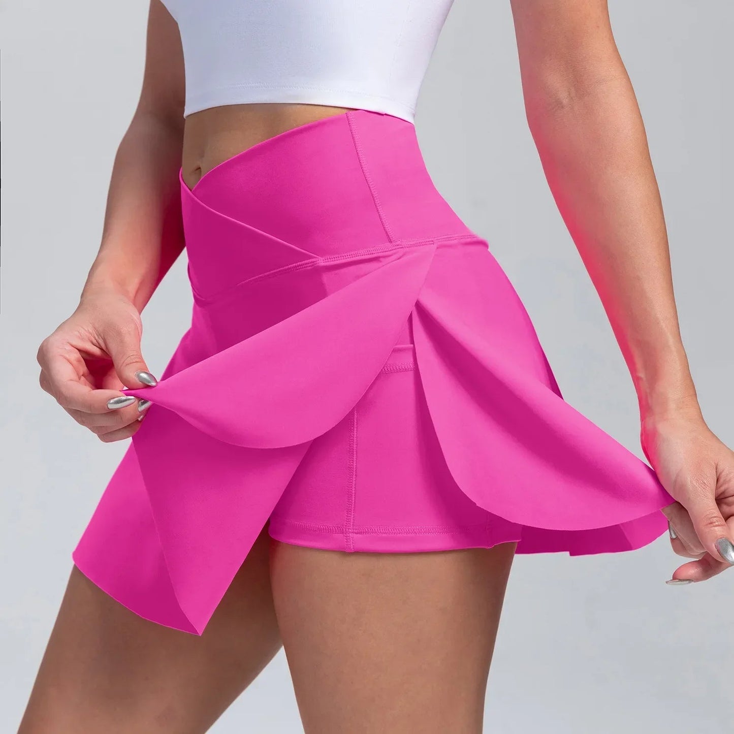 High Waist Overlap Tennis Skirt Shorts - 2-in-1 Outdoor Activewear with Pocket for Women
