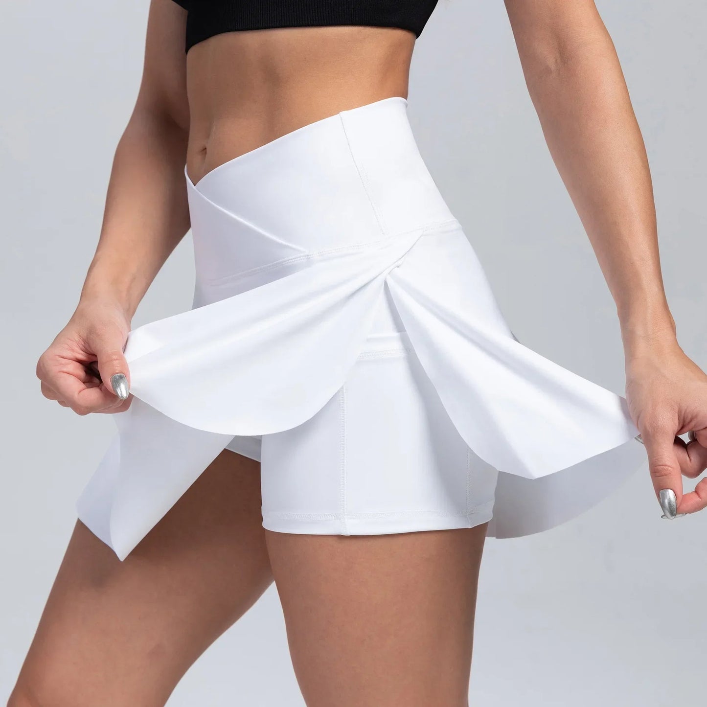 High Waist Overlap Tennis Skirt Shorts - 2-in-1 Outdoor Activewear with Pocket for Women